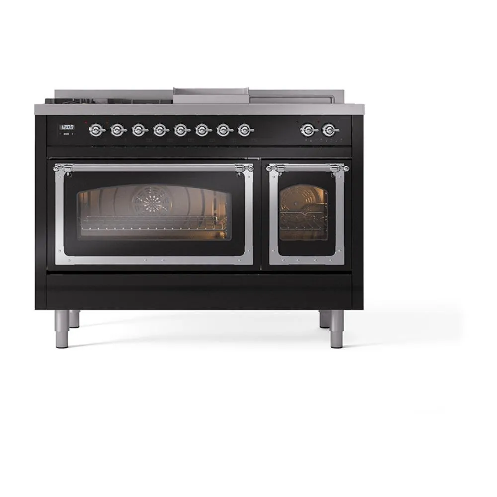 Ilve UN48FSNMPBKCLP Ilve Un48Fsnmpbkclp Nostalgie Ii Noblesse 48" Dual Fuel Range (5 Sealed Burners   Griddle   French Top, Liquid Propane, Triple Glass Door, Glossy Black, Chrome)