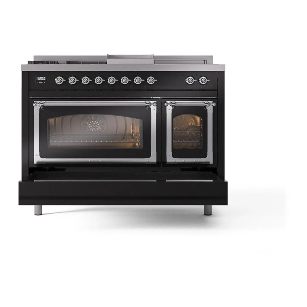 Ilve UN48FSNMPBKCLP Ilve Un48Fsnmpbkclp Nostalgie Ii Noblesse 48" Dual Fuel Range (5 Sealed Burners   Griddle   French Top, Liquid Propane, Triple Glass Door, Glossy Black, Chrome)