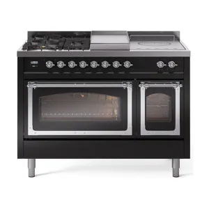 Ilve UN48FSNMPBKCLP Ilve Un48Fsnmpbkclp Nostalgie Ii Noblesse 48" Dual Fuel Range (5 Sealed Burners   Griddle   French Top, Liquid Propane, Triple Glass Door, Glossy Black, Chrome)