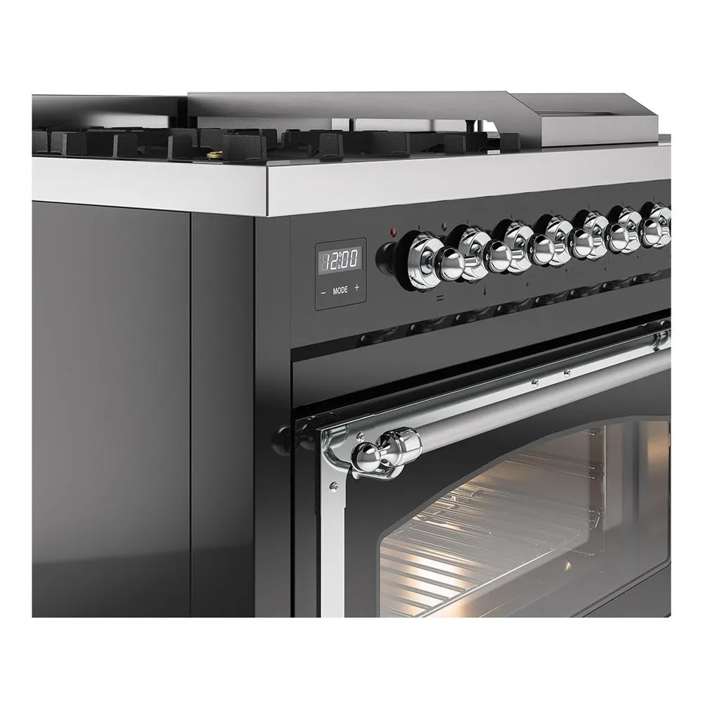 Ilve UN48FSNMPBKCLP Ilve Un48Fsnmpbkclp Nostalgie Ii Noblesse 48" Dual Fuel Range (5 Sealed Burners   Griddle   French Top, Liquid Propane, Triple Glass Door, Glossy Black, Chrome)