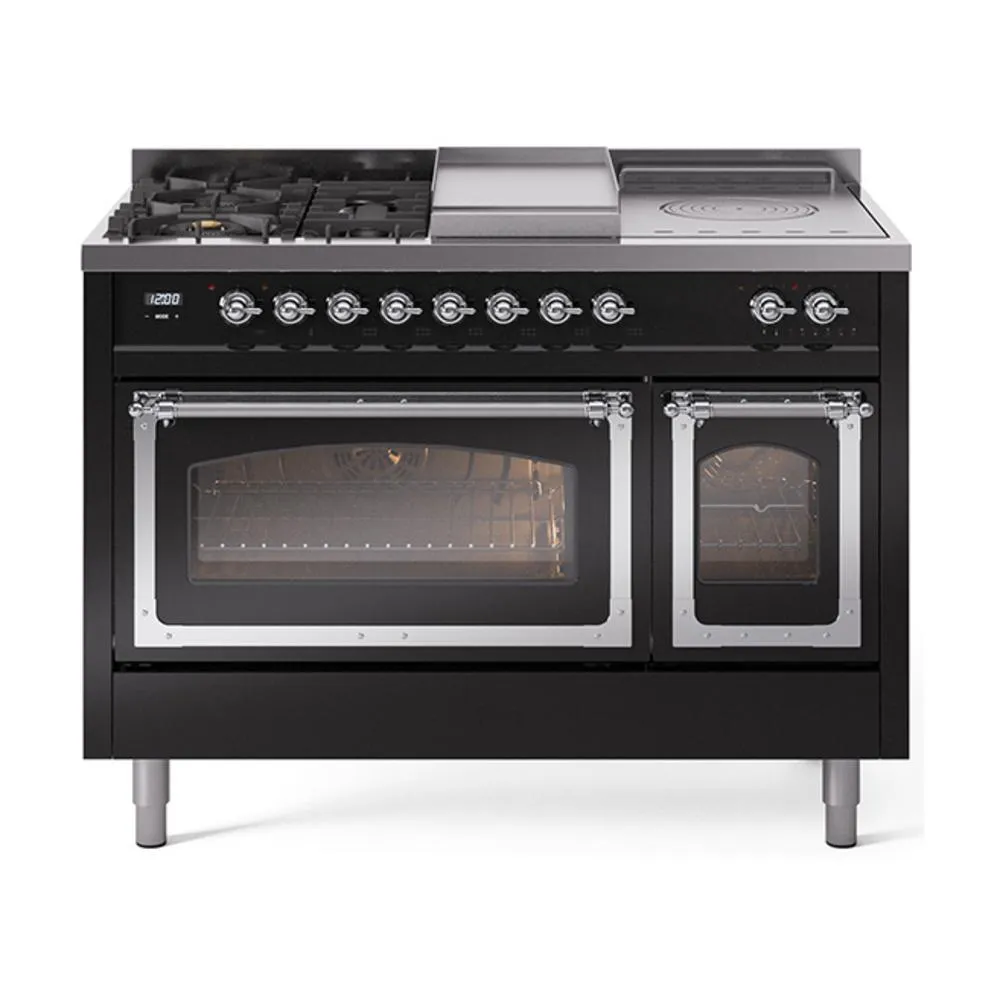 Ilve UN48FSNMPBKCLP Ilve Un48Fsnmpbkclp Nostalgie Ii Noblesse 48" Dual Fuel Range (5 Sealed Burners   Griddle   French Top, Liquid Propane, Triple Glass Door, Glossy Black, Chrome)