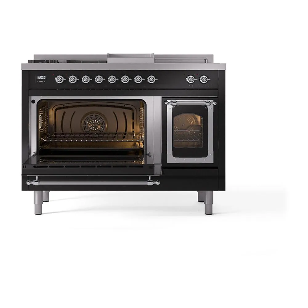 Ilve UN48FSNMPBKCLP Ilve Un48Fsnmpbkclp Nostalgie Ii Noblesse 48" Dual Fuel Range (5 Sealed Burners   Griddle   French Top, Liquid Propane, Triple Glass Door, Glossy Black, Chrome)