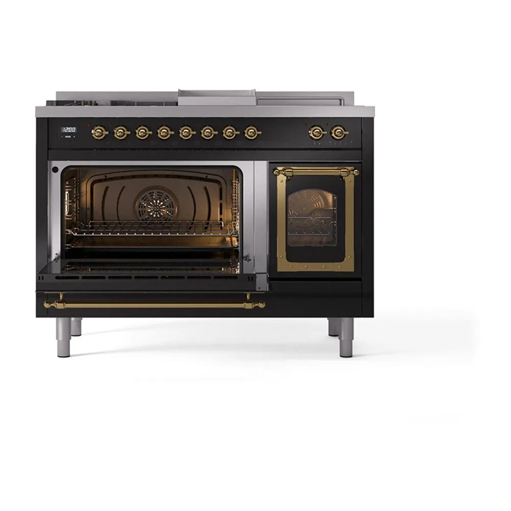 Ilve UN48FSNMPBKG Ilve Un48Fsnmpbkg Nostalgie Ii Noblesse 48" Dual Fuel Range (5 Sealed Burners   Griddle   French Top, Natural Gas, Triple Glass Door, Glossy Black, Brass)