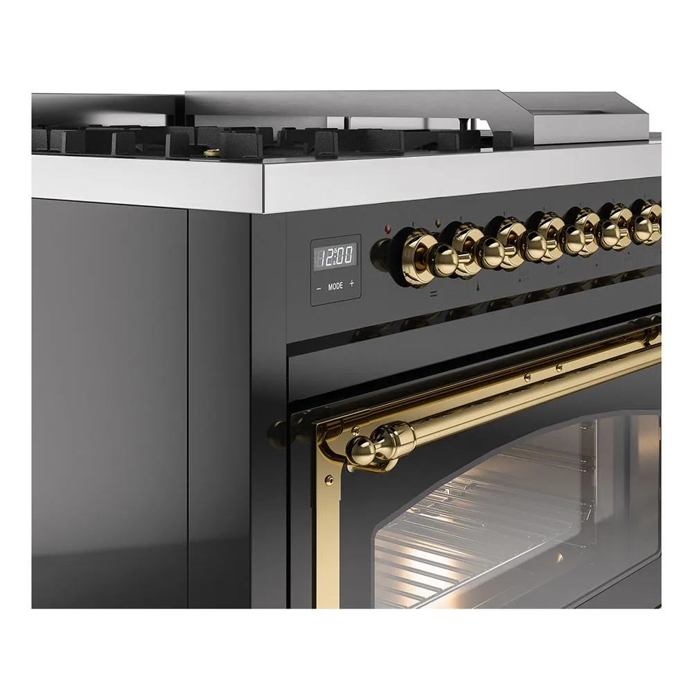 Ilve UN48FSNMPBKGLP Ilve Un48Fsnmpbkglp Nostalgie Ii Noblesse 48" Dual Fuel Range (5 Sealed Burners   Griddle   French Top, Liquid Propane, Triple Glass Door, Glossy Black, Brass)