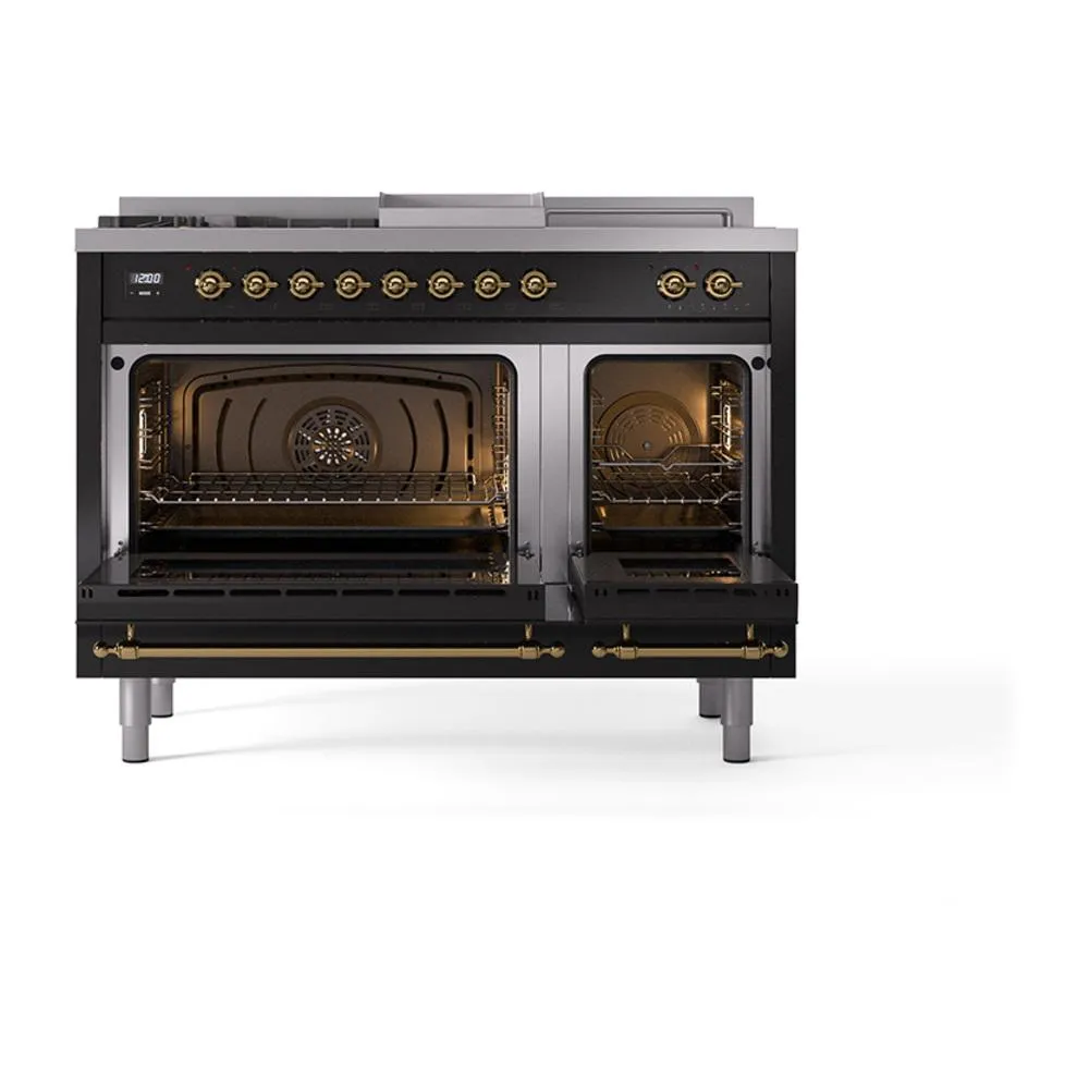 Ilve UN48FSNMPBKGLP Ilve Un48Fsnmpbkglp Nostalgie Ii Noblesse 48" Dual Fuel Range (5 Sealed Burners   Griddle   French Top, Liquid Propane, Triple Glass Door, Glossy Black, Brass)