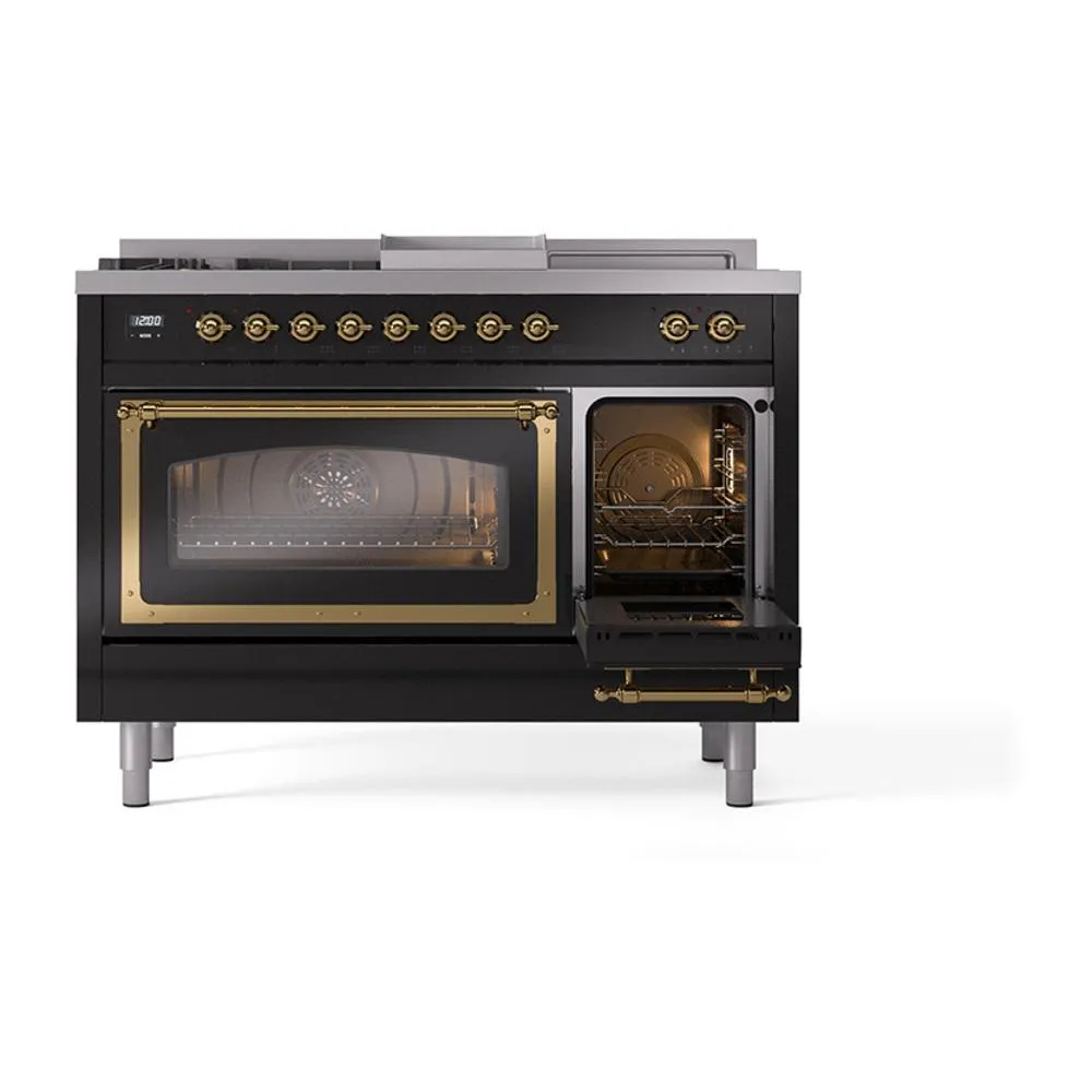 Ilve UN48FSNMPBKGLP Ilve Un48Fsnmpbkglp Nostalgie Ii Noblesse 48" Dual Fuel Range (5 Sealed Burners   Griddle   French Top, Liquid Propane, Triple Glass Door, Glossy Black, Brass)