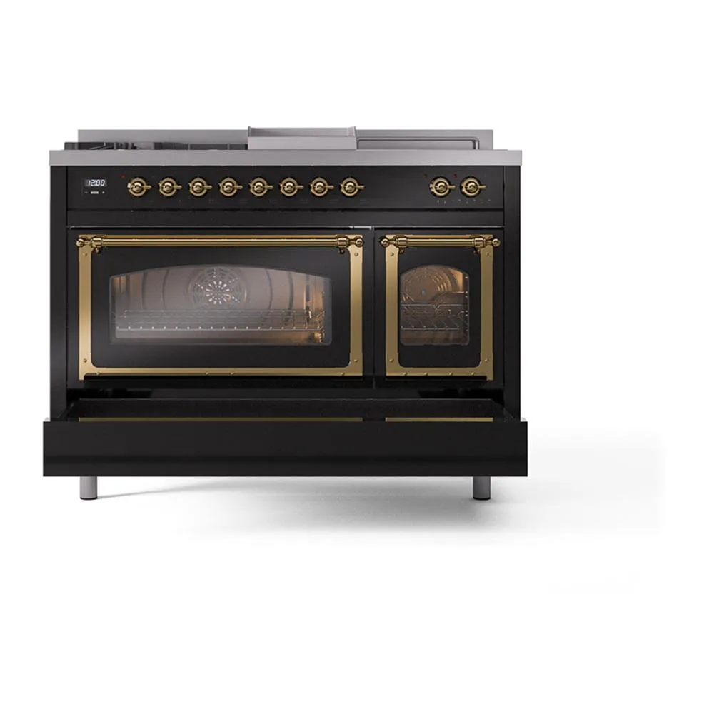 Ilve UN48FSNMPBKGLP Ilve Un48Fsnmpbkglp Nostalgie Ii Noblesse 48" Dual Fuel Range (5 Sealed Burners   Griddle   French Top, Liquid Propane, Triple Glass Door, Glossy Black, Brass)