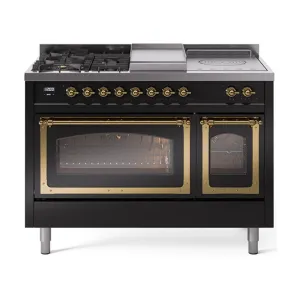 Ilve UN48FSNMPBKGLP Ilve Un48Fsnmpbkglp Nostalgie Ii Noblesse 48" Dual Fuel Range (5 Sealed Burners   Griddle   French Top, Liquid Propane, Triple Glass Door, Glossy Black, Brass)