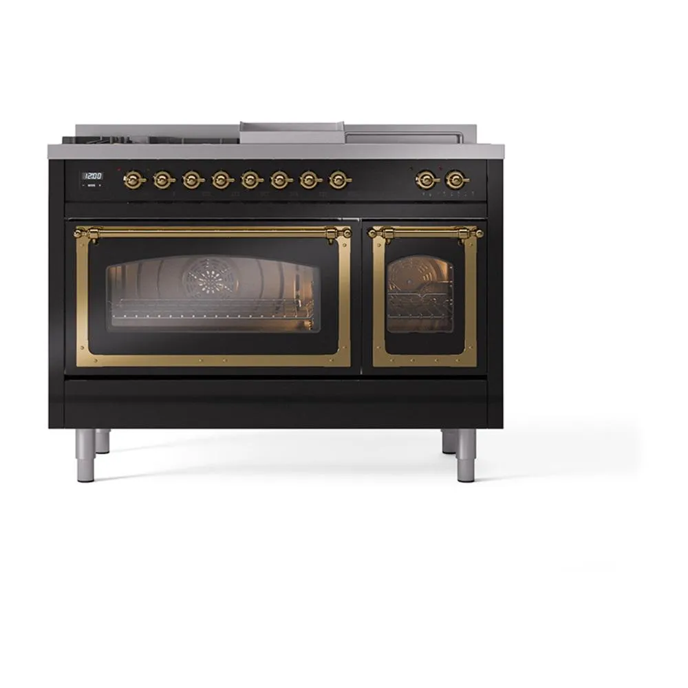 Ilve UN48FSNMPBKGLP Ilve Un48Fsnmpbkglp Nostalgie Ii Noblesse 48" Dual Fuel Range (5 Sealed Burners   Griddle   French Top, Liquid Propane, Triple Glass Door, Glossy Black, Brass)