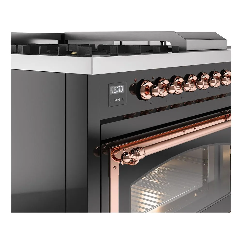 Ilve UN48FSNMPBKP Ilve Un48Fsnmpbkp Nostalgie Ii Noblesse 48" Dual Fuel Range (5 Sealed Burners   Griddle   French Top, Natural Gas, Triple Glass Door, Glossy Black, Copper)