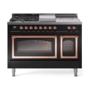 Ilve UN48FSNMPBKP Ilve Un48Fsnmpbkp Nostalgie Ii Noblesse 48" Dual Fuel Range (5 Sealed Burners   Griddle   French Top, Natural Gas, Triple Glass Door, Glossy Black, Copper)