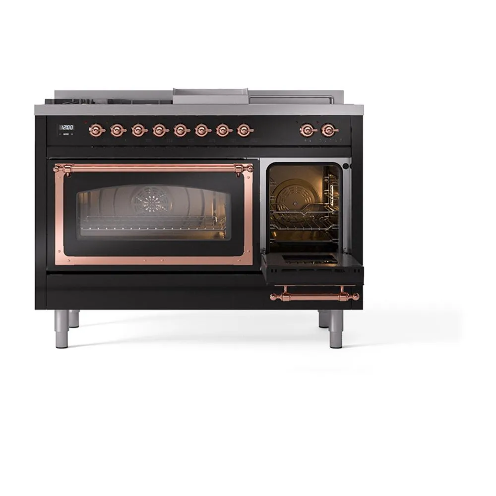 Ilve UN48FSNMPBKP Ilve Un48Fsnmpbkp Nostalgie Ii Noblesse 48" Dual Fuel Range (5 Sealed Burners   Griddle   French Top, Natural Gas, Triple Glass Door, Glossy Black, Copper)