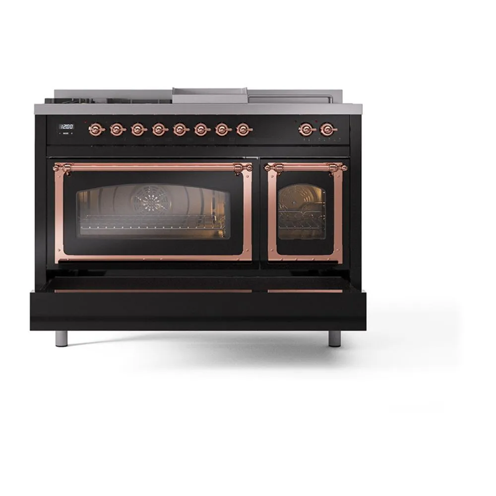 Ilve UN48FSNMPBKP Ilve Un48Fsnmpbkp Nostalgie Ii Noblesse 48" Dual Fuel Range (5 Sealed Burners   Griddle   French Top, Natural Gas, Triple Glass Door, Glossy Black, Copper)