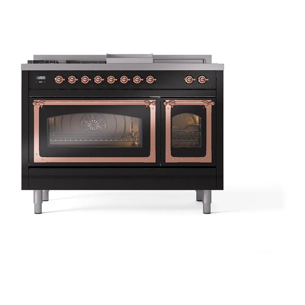 Ilve UN48FSNMPBKP Ilve Un48Fsnmpbkp Nostalgie Ii Noblesse 48" Dual Fuel Range (5 Sealed Burners   Griddle   French Top, Natural Gas, Triple Glass Door, Glossy Black, Copper)