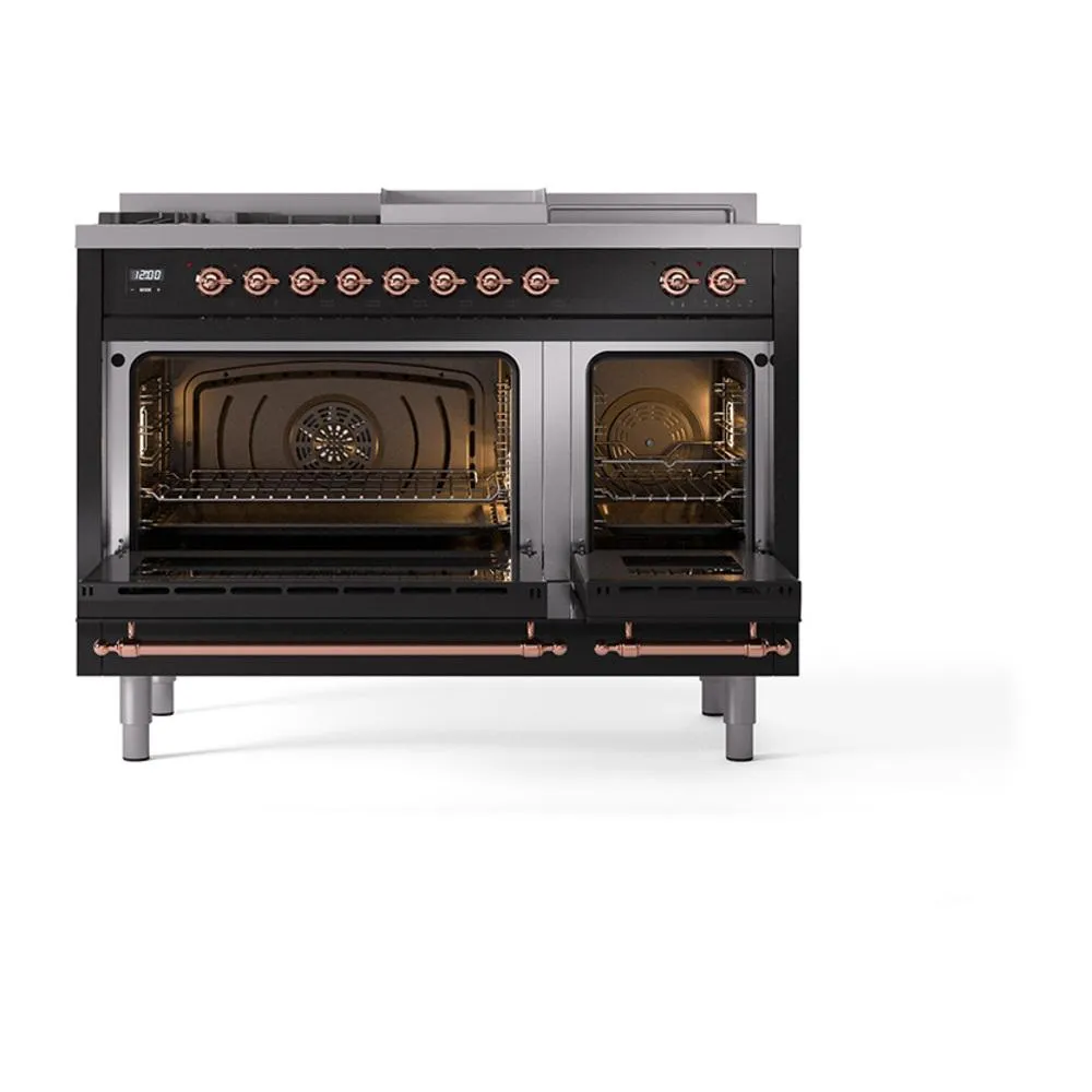 Ilve UN48FSNMPBKP Ilve Un48Fsnmpbkp Nostalgie Ii Noblesse 48" Dual Fuel Range (5 Sealed Burners   Griddle   French Top, Natural Gas, Triple Glass Door, Glossy Black, Copper)