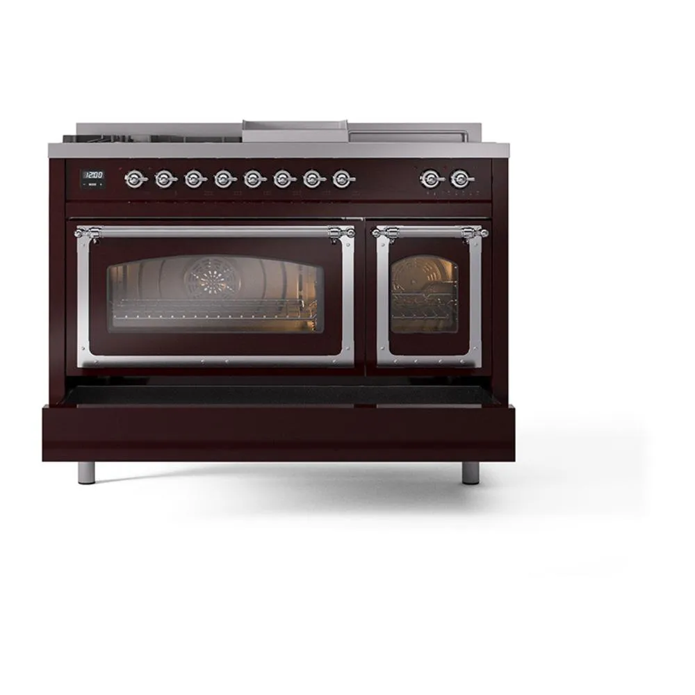 Ilve UN48FSNMPBUCLP Ilve Un48Fsnmpbuclp Nostalgie Ii Noblesse 48" Dual Fuel Range (5 Sealed Burners   Griddle   French Top, Liquid Propane, Triple Glass Door, Burgundy, Chrome)