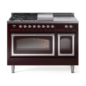 Ilve UN48FSNMPBUCLP Ilve Un48Fsnmpbuclp Nostalgie Ii Noblesse 48" Dual Fuel Range (5 Sealed Burners   Griddle   French Top, Liquid Propane, Triple Glass Door, Burgundy, Chrome)