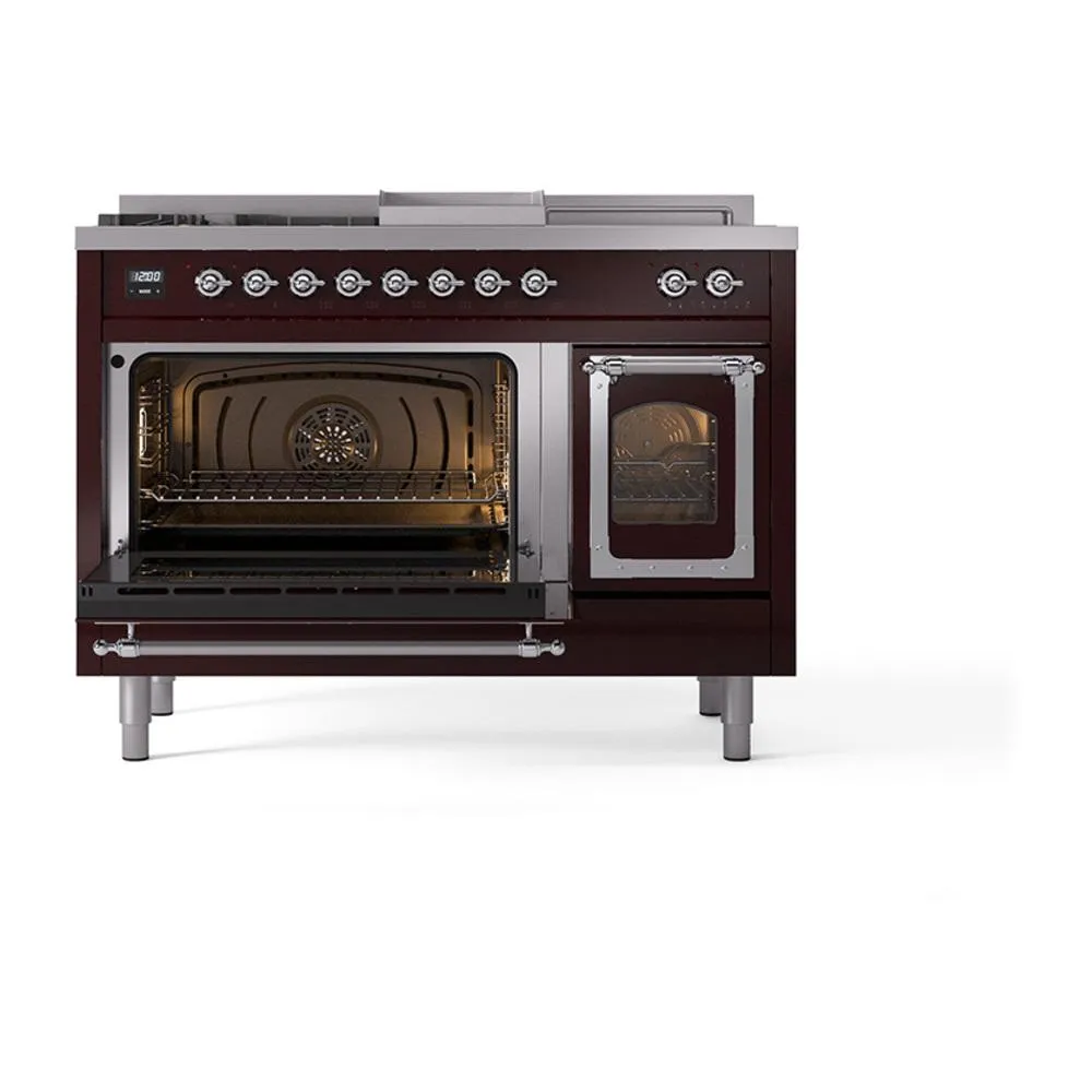 Ilve UN48FSNMPBUCLP Ilve Un48Fsnmpbuclp Nostalgie Ii Noblesse 48" Dual Fuel Range (5 Sealed Burners   Griddle   French Top, Liquid Propane, Triple Glass Door, Burgundy, Chrome)