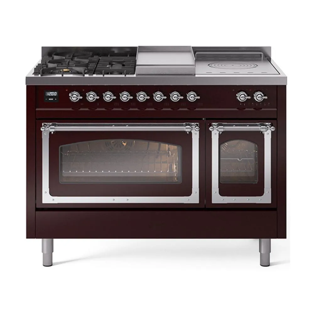 Ilve UN48FSNMPBUCLP Ilve Un48Fsnmpbuclp Nostalgie Ii Noblesse 48" Dual Fuel Range (5 Sealed Burners   Griddle   French Top, Liquid Propane, Triple Glass Door, Burgundy, Chrome)