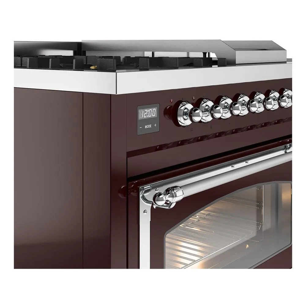 Ilve UN48FSNMPBUCLP Ilve Un48Fsnmpbuclp Nostalgie Ii Noblesse 48" Dual Fuel Range (5 Sealed Burners   Griddle   French Top, Liquid Propane, Triple Glass Door, Burgundy, Chrome)