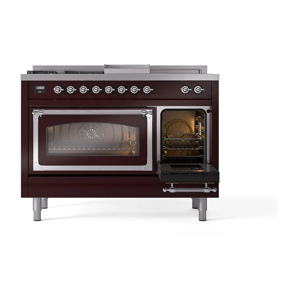 Ilve UN48FSNMPBUCLP Ilve Un48Fsnmpbuclp Nostalgie Ii Noblesse 48" Dual Fuel Range (5 Sealed Burners   Griddle   French Top, Liquid Propane, Triple Glass Door, Burgundy, Chrome)