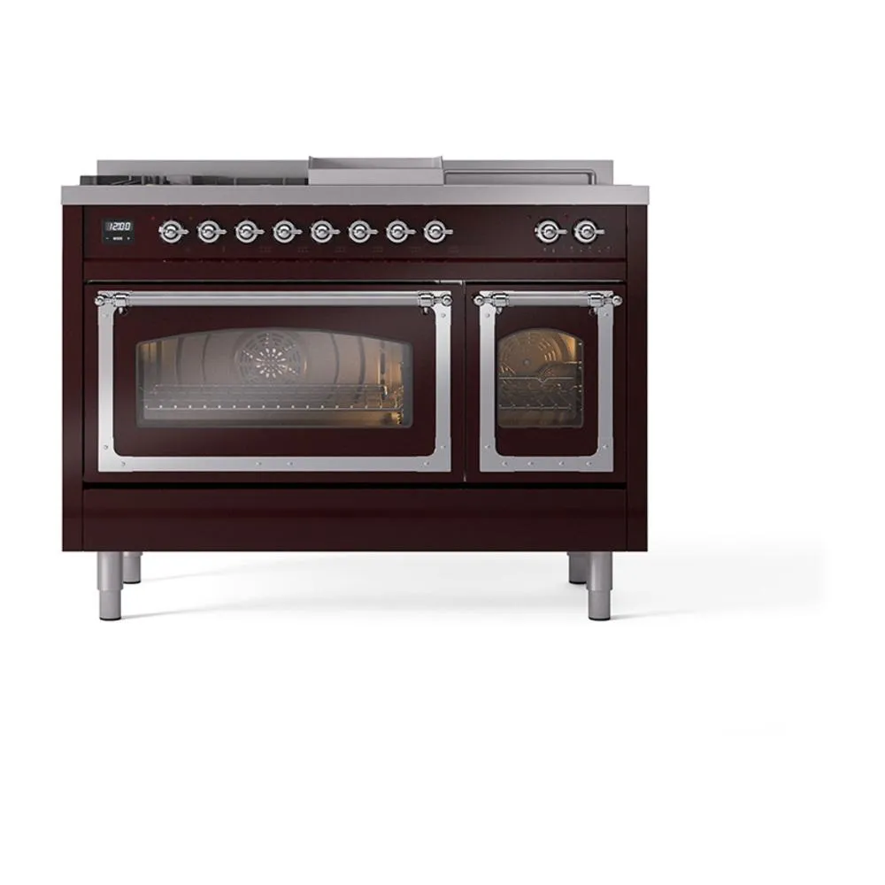 Ilve UN48FSNMPBUCLP Ilve Un48Fsnmpbuclp Nostalgie Ii Noblesse 48" Dual Fuel Range (5 Sealed Burners   Griddle   French Top, Liquid Propane, Triple Glass Door, Burgundy, Chrome)