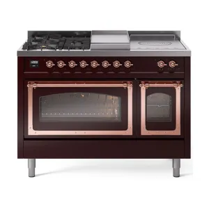 Ilve UN48FSNMPBUP Ilve Un48Fsnmpbup Nostalgie Ii Noblesse 48" Dual Fuel Range (5 Sealed Burners   Griddle   French Top, Natural Gas, Triple Glass Door, Burgundy, Copper)