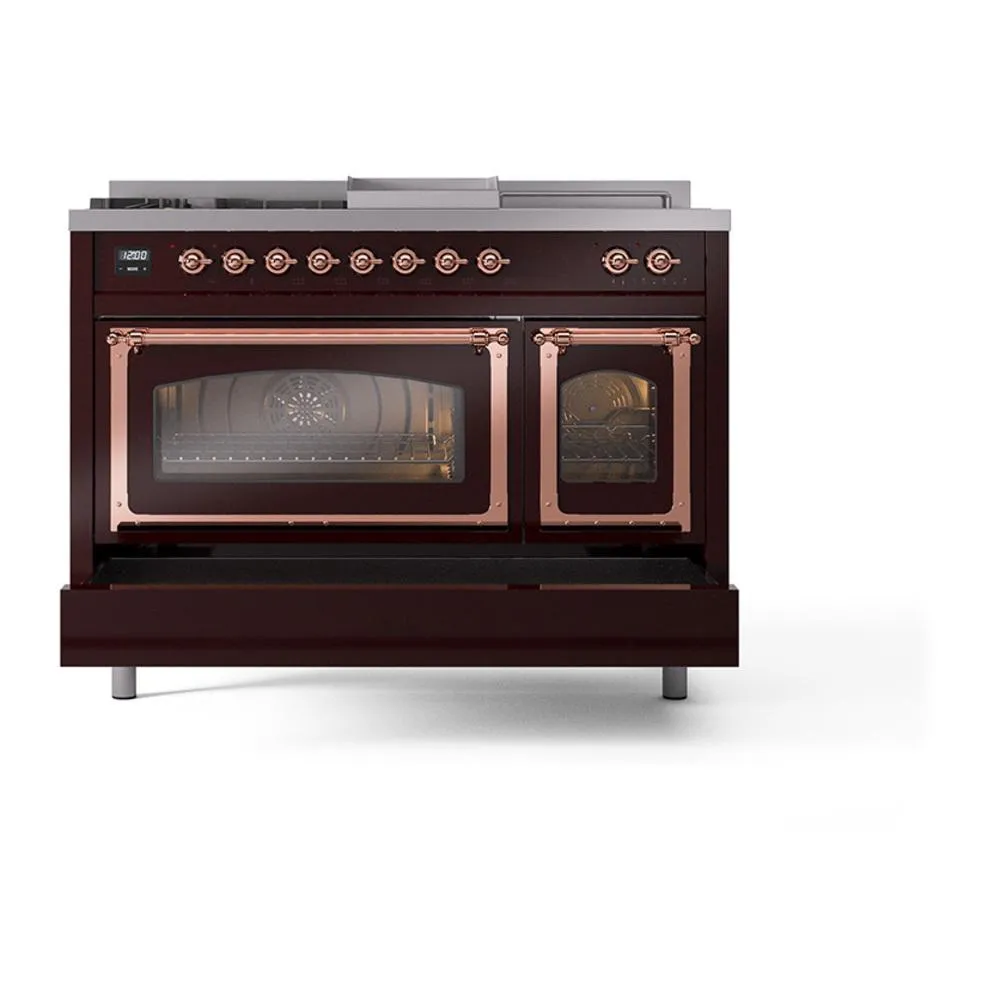 Ilve UN48FSNMPBUP Ilve Un48Fsnmpbup Nostalgie Ii Noblesse 48" Dual Fuel Range (5 Sealed Burners   Griddle   French Top, Natural Gas, Triple Glass Door, Burgundy, Copper)