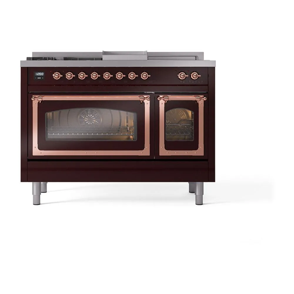 Ilve UN48FSNMPBUP Ilve Un48Fsnmpbup Nostalgie Ii Noblesse 48" Dual Fuel Range (5 Sealed Burners   Griddle   French Top, Natural Gas, Triple Glass Door, Burgundy, Copper)