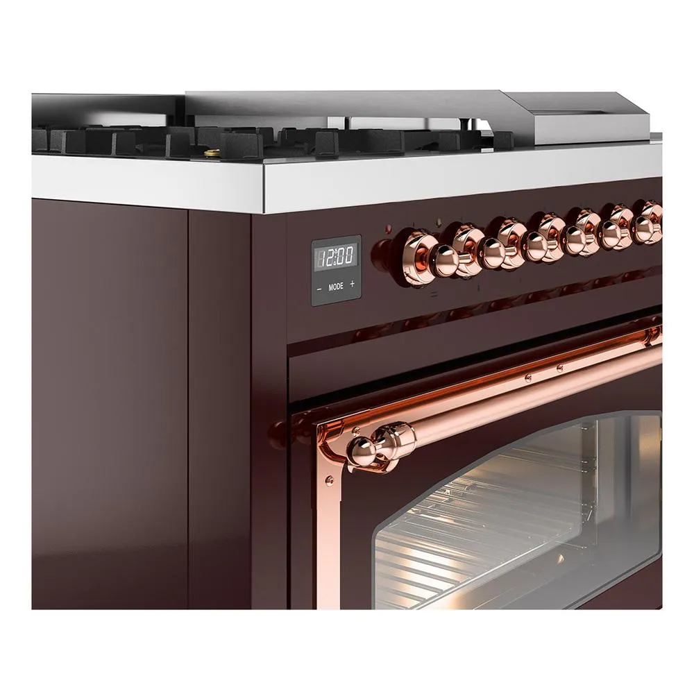 Ilve UN48FSNMPBUP Ilve Un48Fsnmpbup Nostalgie Ii Noblesse 48" Dual Fuel Range (5 Sealed Burners   Griddle   French Top, Natural Gas, Triple Glass Door, Burgundy, Copper)