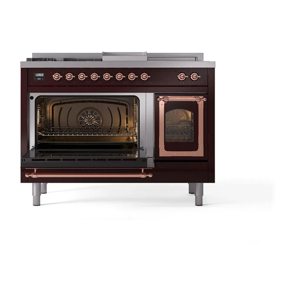 Ilve UN48FSNMPBUP Ilve Un48Fsnmpbup Nostalgie Ii Noblesse 48" Dual Fuel Range (5 Sealed Burners   Griddle   French Top, Natural Gas, Triple Glass Door, Burgundy, Copper)