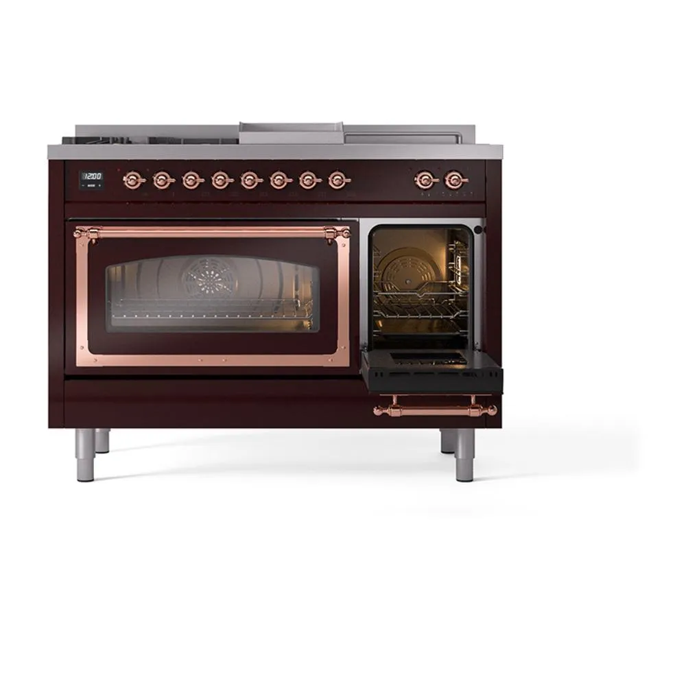 Ilve UN48FSNMPBUP Ilve Un48Fsnmpbup Nostalgie Ii Noblesse 48" Dual Fuel Range (5 Sealed Burners   Griddle   French Top, Natural Gas, Triple Glass Door, Burgundy, Copper)