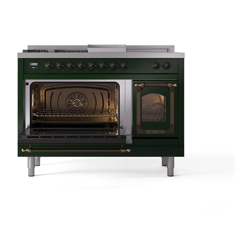 Ilve UN48FSNMPEGBLP Ilve Un48Fsnmpegblp Nostalgie Ii Noblesse 48" Dual Fuel Range (5 Sealed Burners   Griddle   French Top, Liquid Propane, Triple Glass Door, Emerald Green, Burnished)
