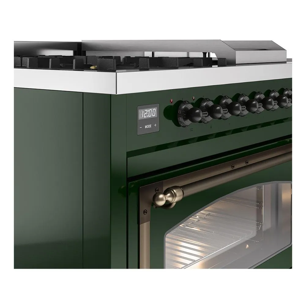 Ilve UN48FSNMPEGBLP Ilve Un48Fsnmpegblp Nostalgie Ii Noblesse 48" Dual Fuel Range (5 Sealed Burners   Griddle   French Top, Liquid Propane, Triple Glass Door, Emerald Green, Burnished)