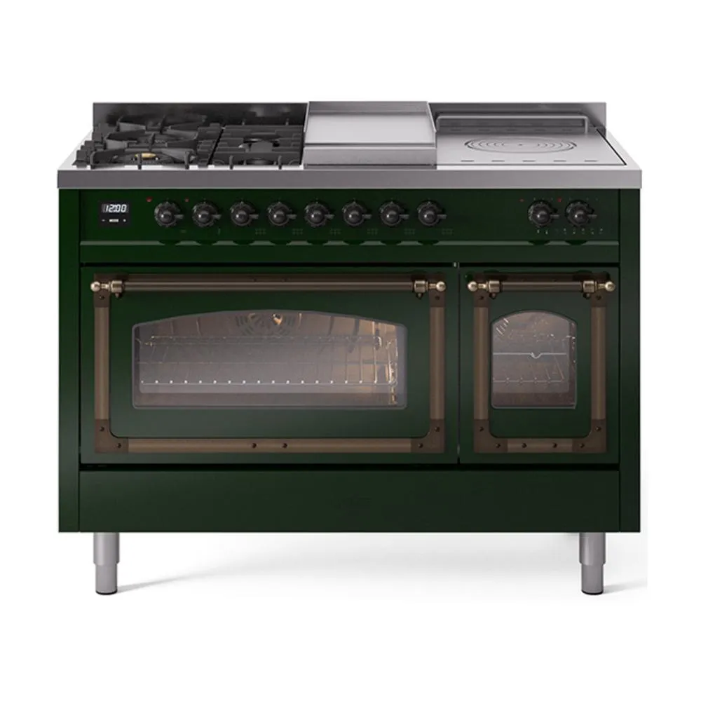 Ilve UN48FSNMPEGBLP Ilve Un48Fsnmpegblp Nostalgie Ii Noblesse 48" Dual Fuel Range (5 Sealed Burners   Griddle   French Top, Liquid Propane, Triple Glass Door, Emerald Green, Burnished)