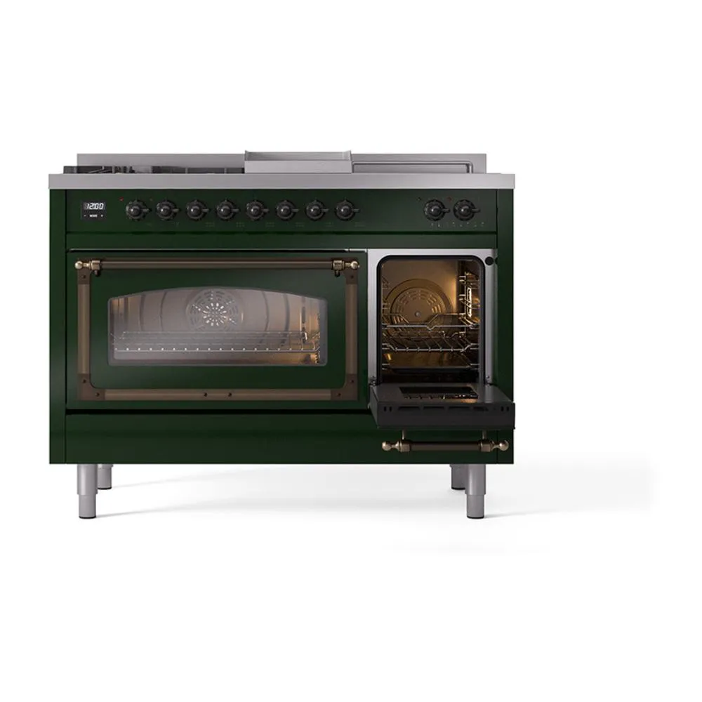 Ilve UN48FSNMPEGBLP Ilve Un48Fsnmpegblp Nostalgie Ii Noblesse 48" Dual Fuel Range (5 Sealed Burners   Griddle   French Top, Liquid Propane, Triple Glass Door, Emerald Green, Burnished)