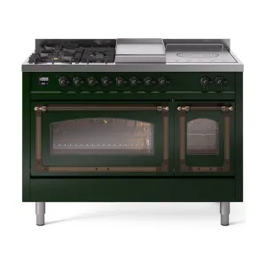 Ilve UN48FSNMPEGBLP Ilve Un48Fsnmpegblp Nostalgie Ii Noblesse 48" Dual Fuel Range (5 Sealed Burners   Griddle   French Top, Liquid Propane, Triple Glass Door, Emerald Green, Burnished)