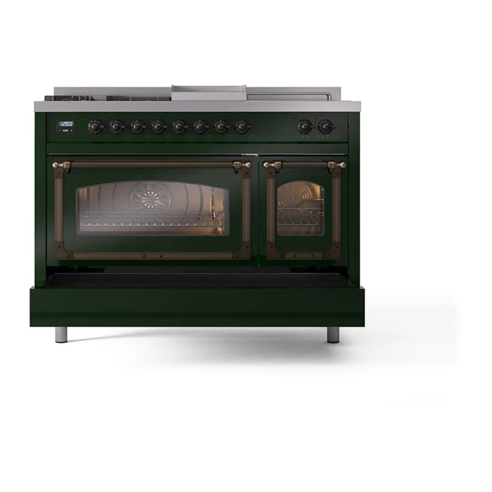 Ilve UN48FSNMPEGBLP Ilve Un48Fsnmpegblp Nostalgie Ii Noblesse 48" Dual Fuel Range (5 Sealed Burners   Griddle   French Top, Liquid Propane, Triple Glass Door, Emerald Green, Burnished)