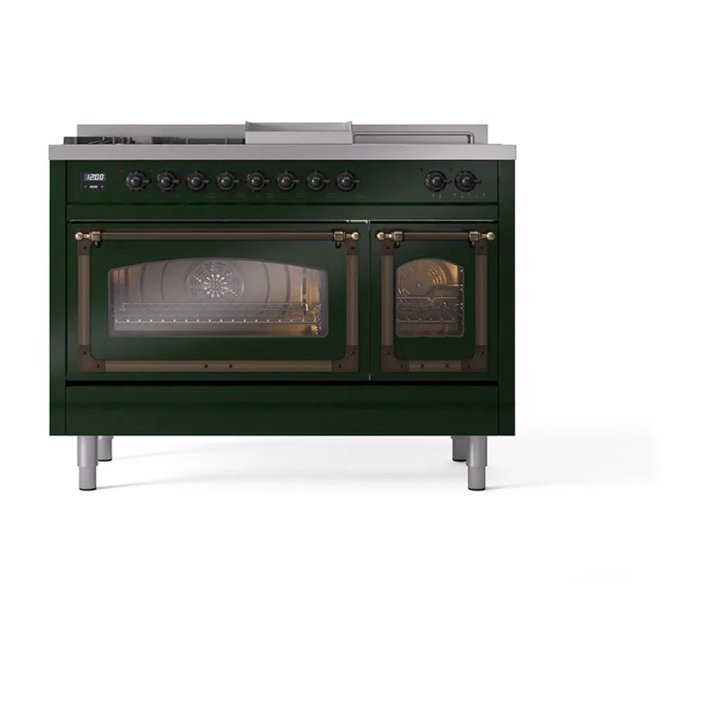 Ilve UN48FSNMPEGBLP Ilve Un48Fsnmpegblp Nostalgie Ii Noblesse 48" Dual Fuel Range (5 Sealed Burners   Griddle   French Top, Liquid Propane, Triple Glass Door, Emerald Green, Burnished)