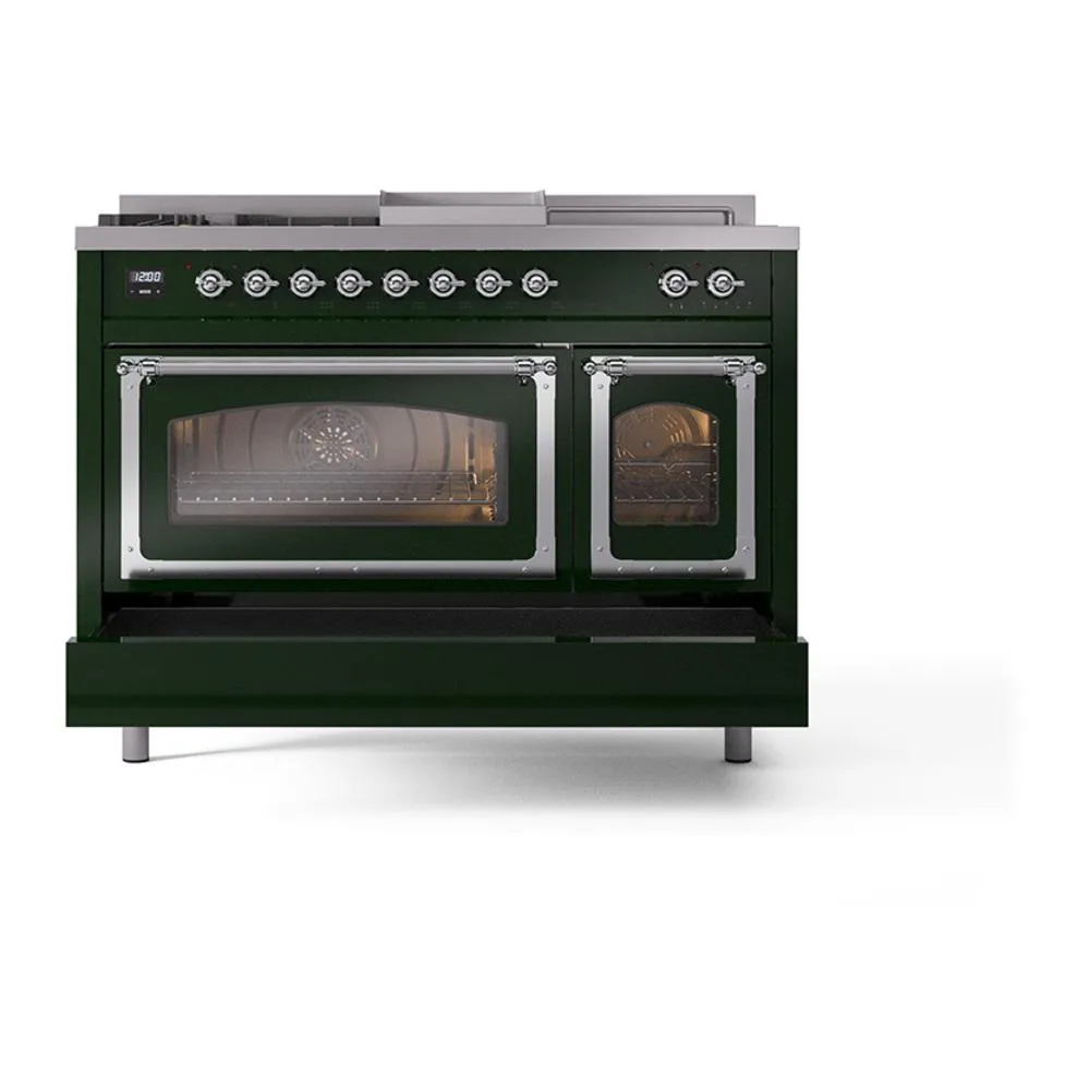 Ilve UN48FSNMPEGC Ilve Un48Fsnmpegc Nostalgie Ii Noblesse 48" Dual Fuel Range (5 Sealed Burners   Griddle   French Top, Natural Gas, Triple Glass Door, Emerald Green, Chrome)