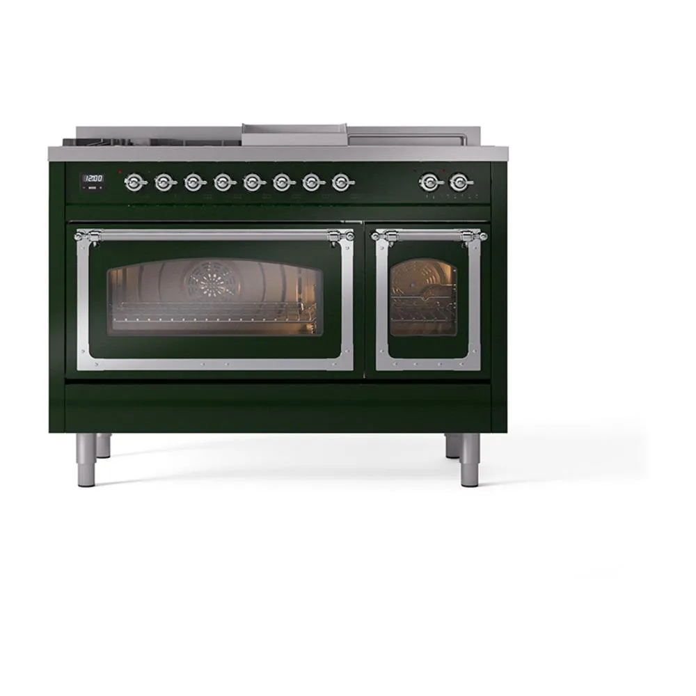Ilve UN48FSNMPEGC Ilve Un48Fsnmpegc Nostalgie Ii Noblesse 48" Dual Fuel Range (5 Sealed Burners   Griddle   French Top, Natural Gas, Triple Glass Door, Emerald Green, Chrome)