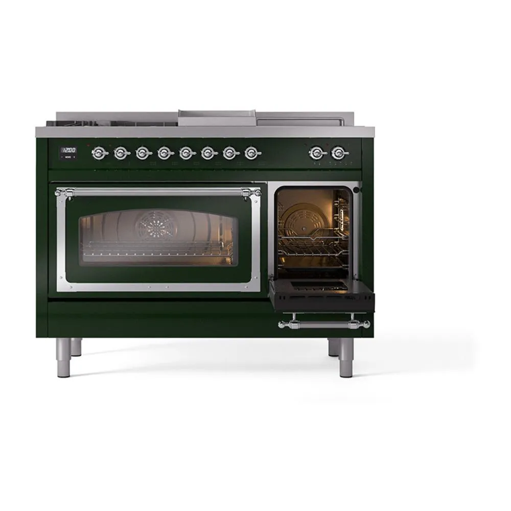 Ilve UN48FSNMPEGC Ilve Un48Fsnmpegc Nostalgie Ii Noblesse 48" Dual Fuel Range (5 Sealed Burners   Griddle   French Top, Natural Gas, Triple Glass Door, Emerald Green, Chrome)