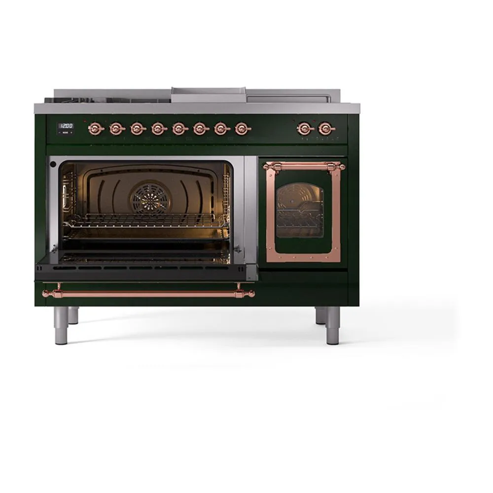 Ilve UN48FSNMPEGP Ilve Un48Fsnmpegp Nostalgie Ii Noblesse 48" Dual Fuel Range (5 Sealed Burners   Griddle   French Top, Natural Gas, Triple Glass Door, Emerald Green, Copper)