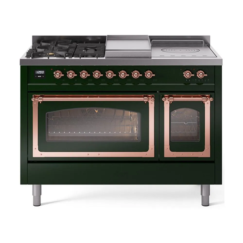 Ilve UN48FSNMPEGP Ilve Un48Fsnmpegp Nostalgie Ii Noblesse 48" Dual Fuel Range (5 Sealed Burners   Griddle   French Top, Natural Gas, Triple Glass Door, Emerald Green, Copper)
