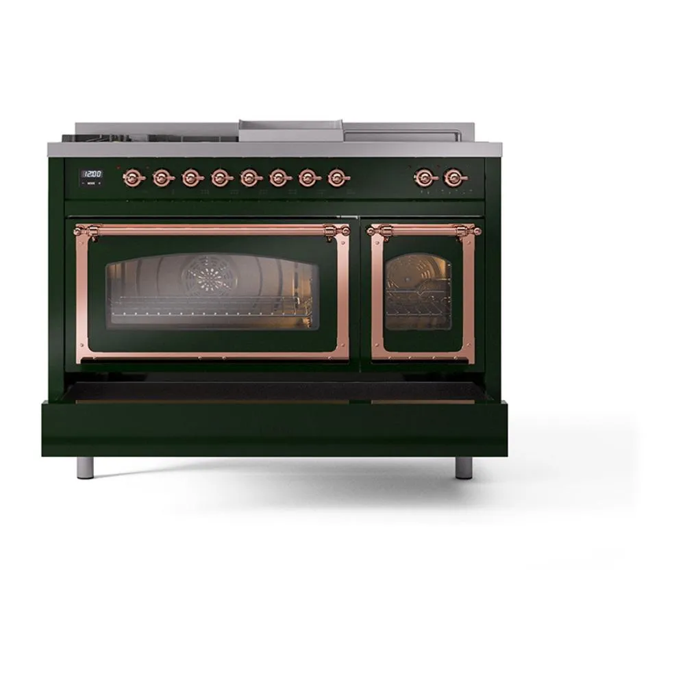 Ilve UN48FSNMPEGPLP Ilve Un48Fsnmpegplp Nostalgie Ii Noblesse 48" Dual Fuel Range (5 Sealed Burners   Griddle   French Top, Liquid Propane, Triple Glass Door, Emerald Green, Copper)