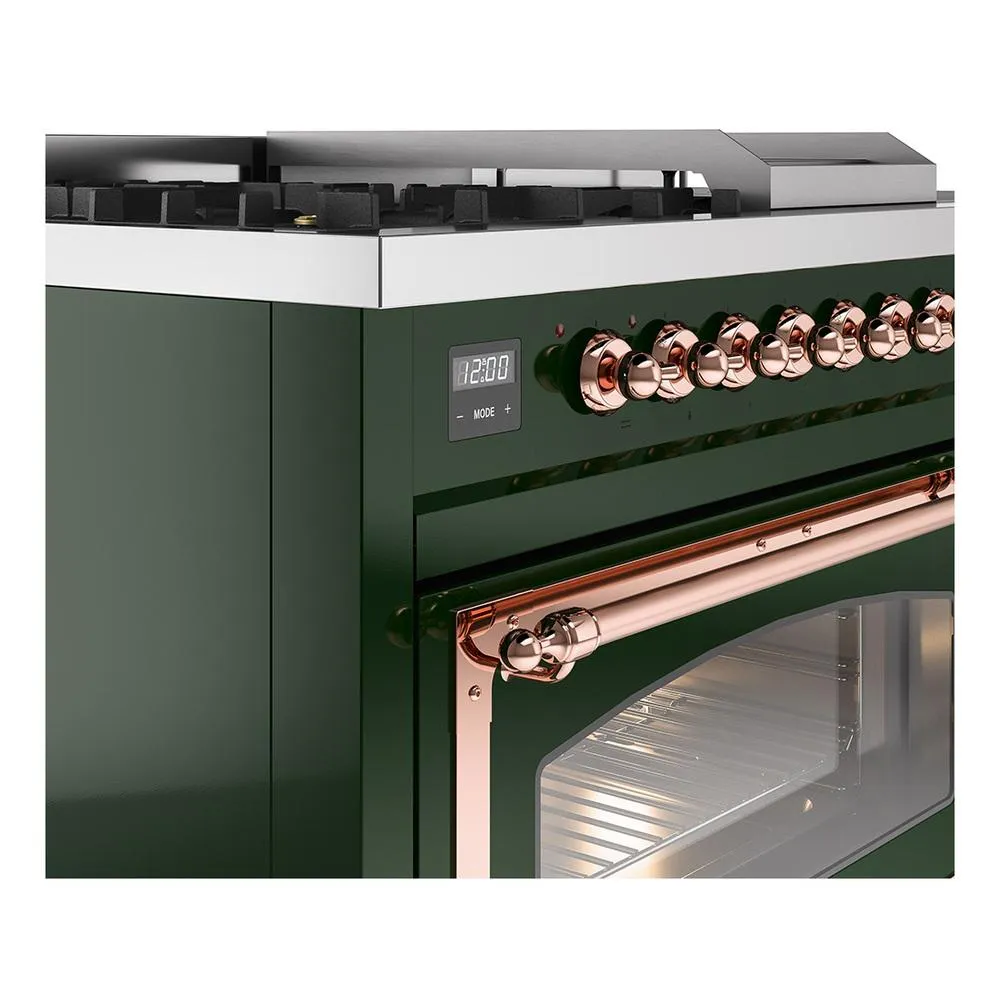 Ilve UN48FSNMPEGPLP Ilve Un48Fsnmpegplp Nostalgie Ii Noblesse 48" Dual Fuel Range (5 Sealed Burners   Griddle   French Top, Liquid Propane, Triple Glass Door, Emerald Green, Copper)