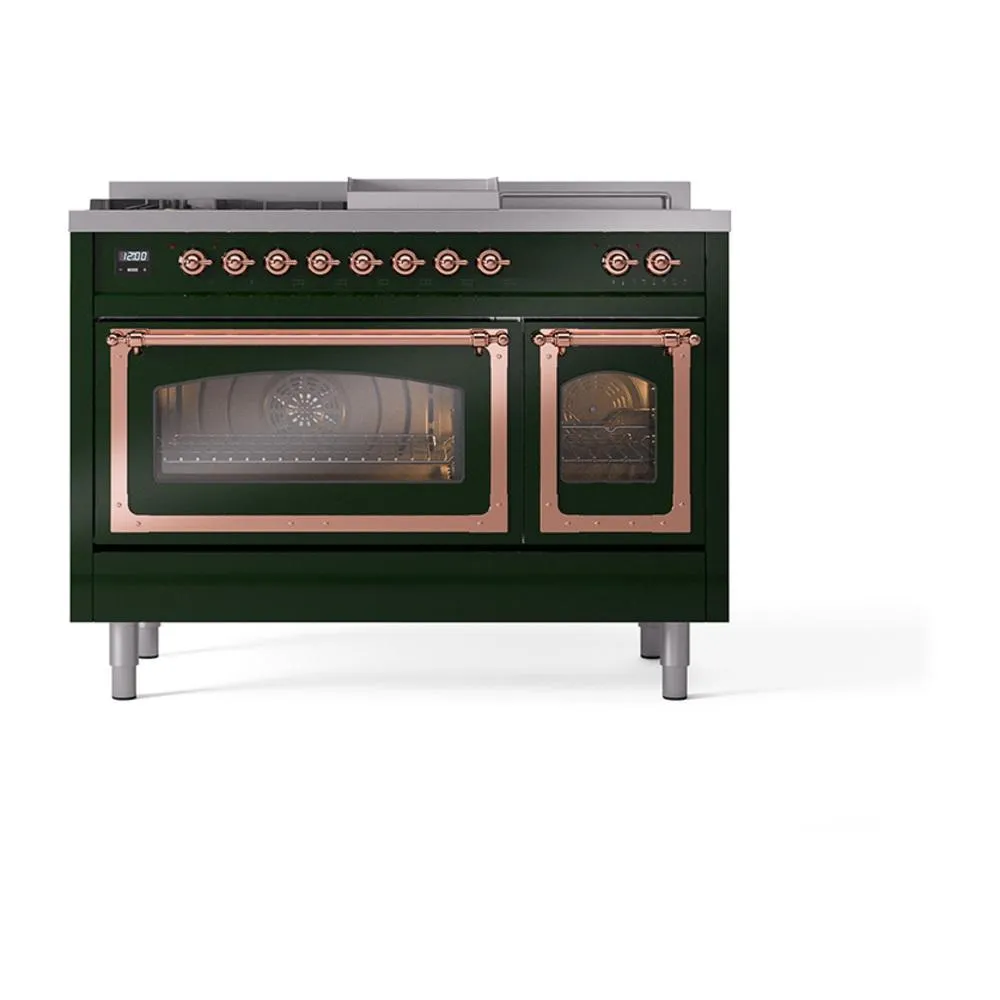 Ilve UN48FSNMPEGPLP Ilve Un48Fsnmpegplp Nostalgie Ii Noblesse 48" Dual Fuel Range (5 Sealed Burners   Griddle   French Top, Liquid Propane, Triple Glass Door, Emerald Green, Copper)