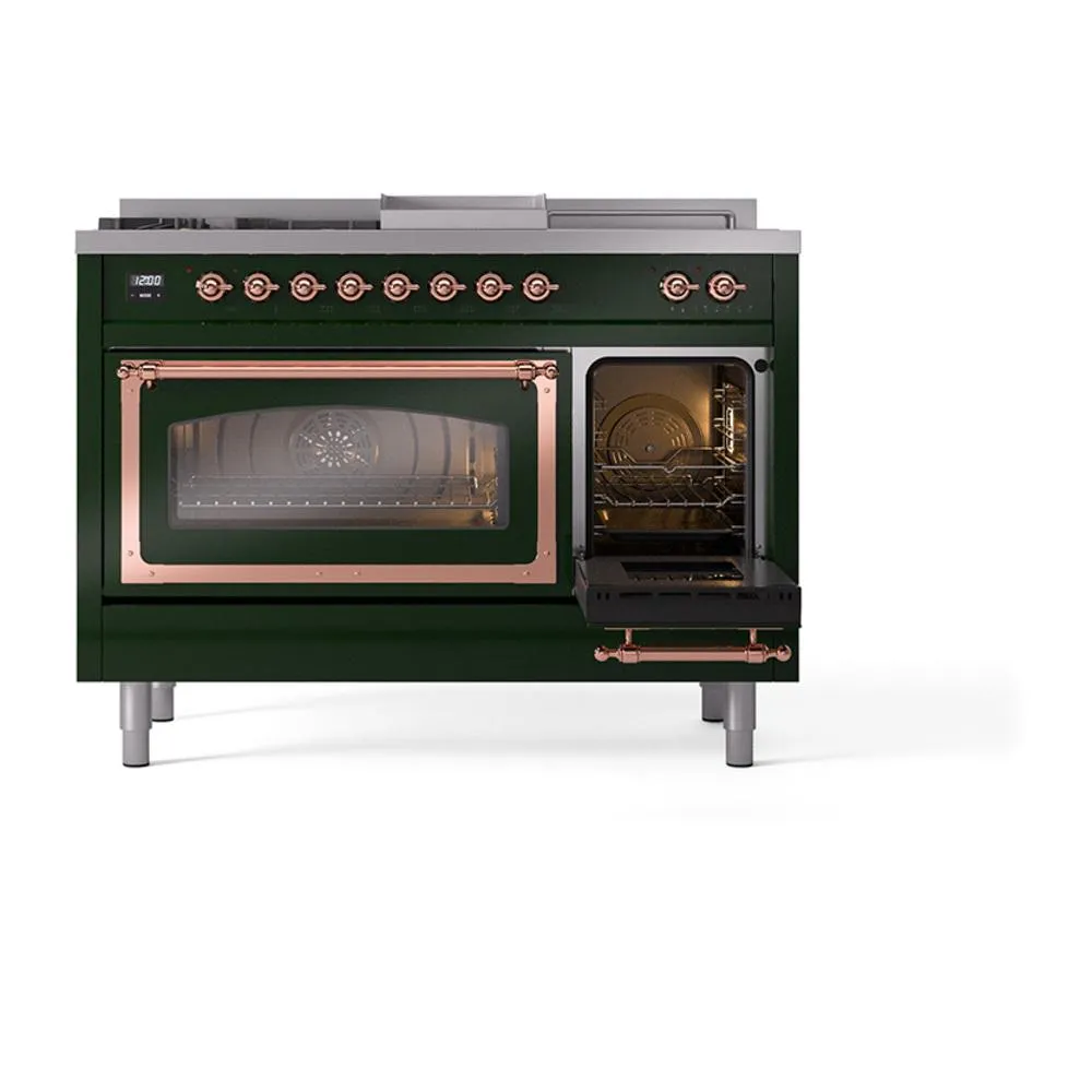Ilve UN48FSNMPEGPLP Ilve Un48Fsnmpegplp Nostalgie Ii Noblesse 48" Dual Fuel Range (5 Sealed Burners   Griddle   French Top, Liquid Propane, Triple Glass Door, Emerald Green, Copper)