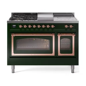 Ilve UN48FSNMPEGPLP Ilve Un48Fsnmpegplp Nostalgie Ii Noblesse 48" Dual Fuel Range (5 Sealed Burners   Griddle   French Top, Liquid Propane, Triple Glass Door, Emerald Green, Copper)