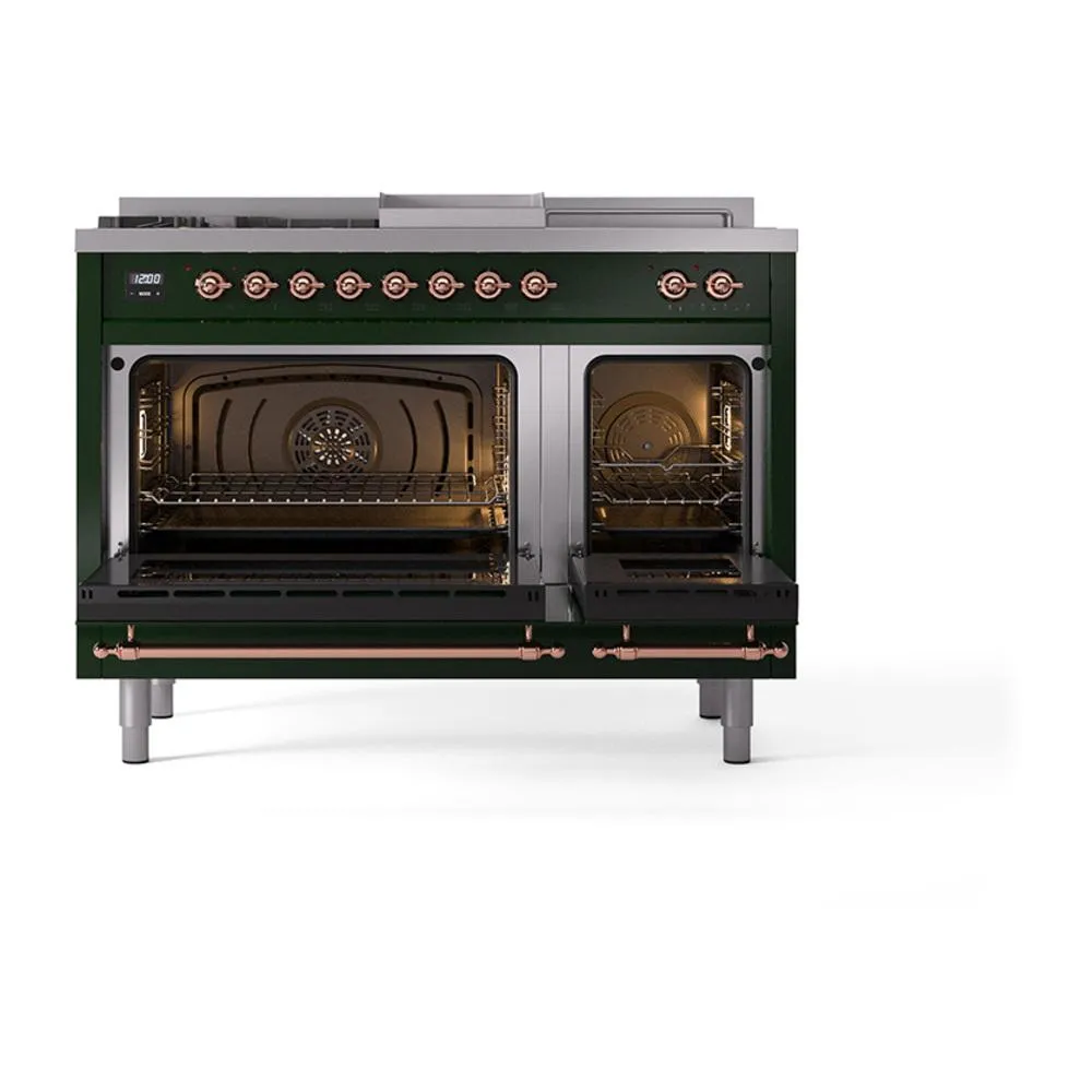 Ilve UN48FSNMPEGPLP Ilve Un48Fsnmpegplp Nostalgie Ii Noblesse 48" Dual Fuel Range (5 Sealed Burners   Griddle   French Top, Liquid Propane, Triple Glass Door, Emerald Green, Copper)